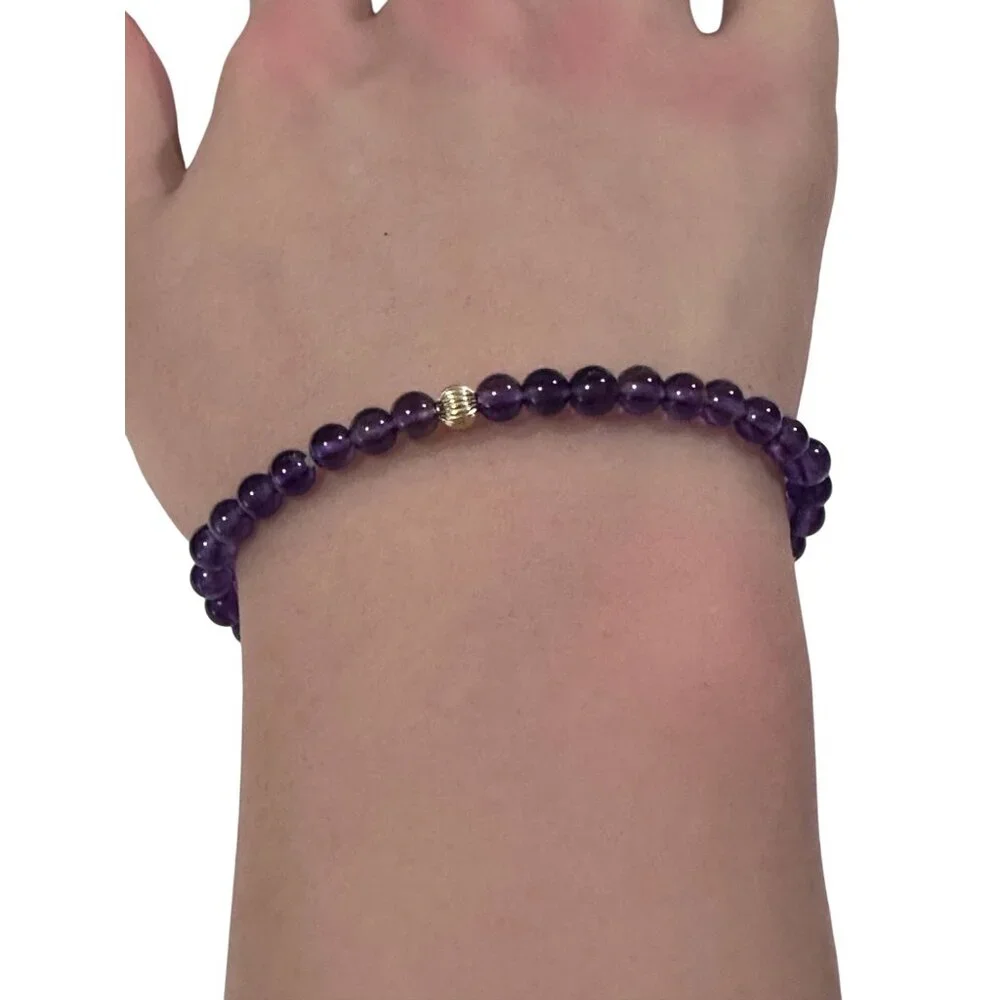 Gemstones Amethyst Mini 4mm Stretchable Bracelet 14k Gold Bead Charm Corrugated - Picture 6 of 6